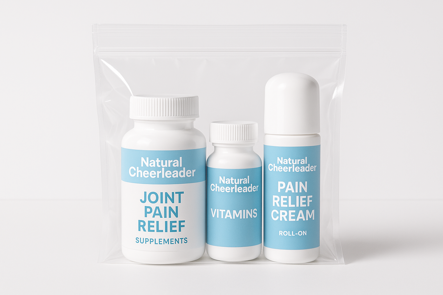 picture of a clear plastic bag, inside the bag is a small bottle of Joint Pain Releif Supplements, small bottle of vitamins, small bottle of roll on pain relief creme. all items package with Natural Cheerleading branding with a light blue color theme