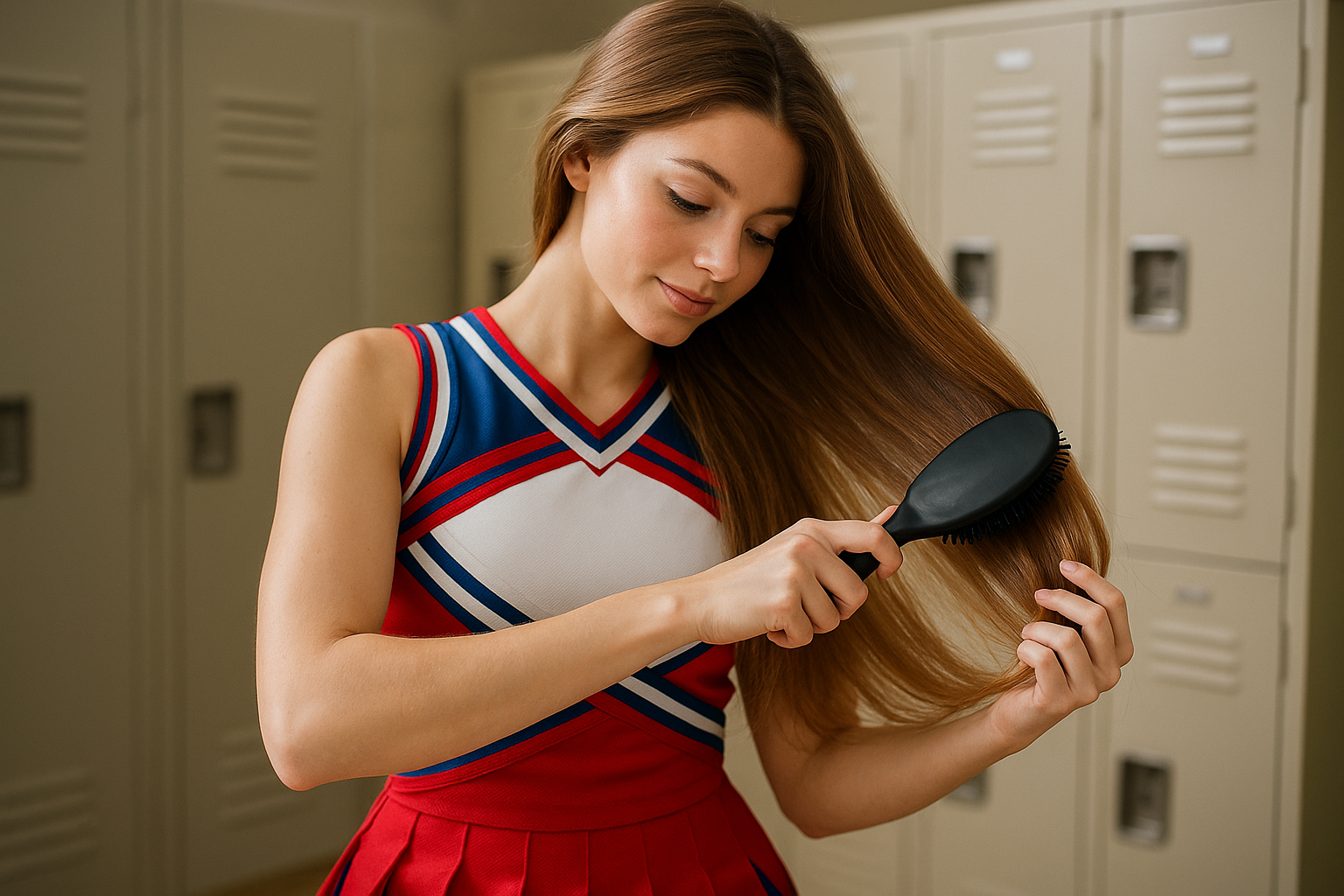 cheerleader brushing out hair