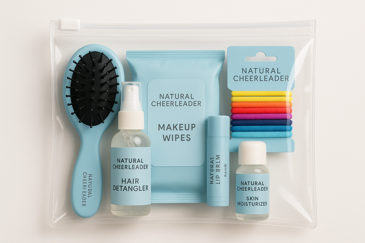 Create a picture of a small kit of health care products in a clear plastic bag.  Include a hair brush, small bottle of hair detangler, make up wipes, hair elastics, a small lip balm stick and a small bottle of skin moisterizer.  on each item add the brand "Natural Cheerleader",  each item packaging color should be light blue theme.